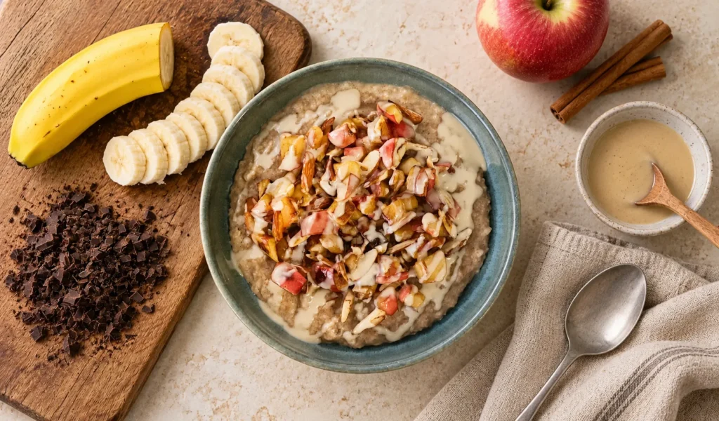 Bratapfel-Zimt-Porridge mit Toppings in einer Schale, umgeben von Obst und Zimt.