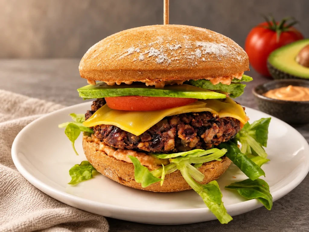Schwarze-Bohnen-Burger mit Salat, Tomate und veganem Käse auf einem Teller.