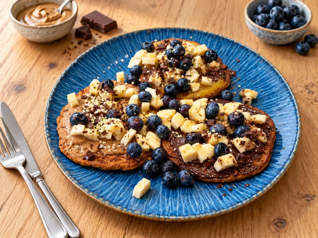 Dinkel-Vollkornpancakes mit Banane, Beeren und Schokolade auf einem blauen Teller.