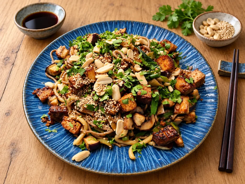 Soba-Nudeln mit Aubergine, Gemüse und Tofu auf einem blauen Teller.