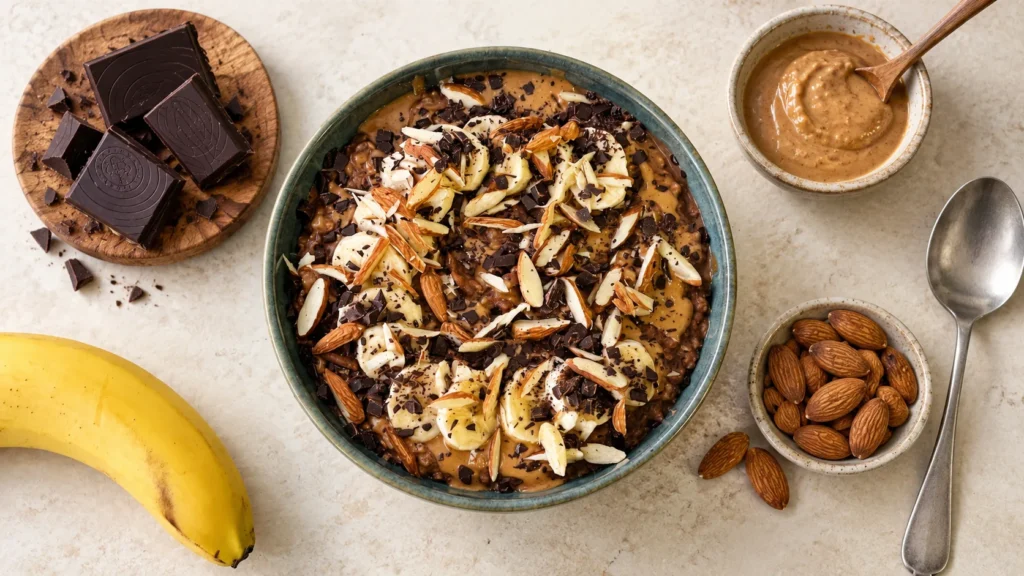 Schoko-Bananen-Porridge mit Banane, Nüssen und Schokolade in einer Schale.