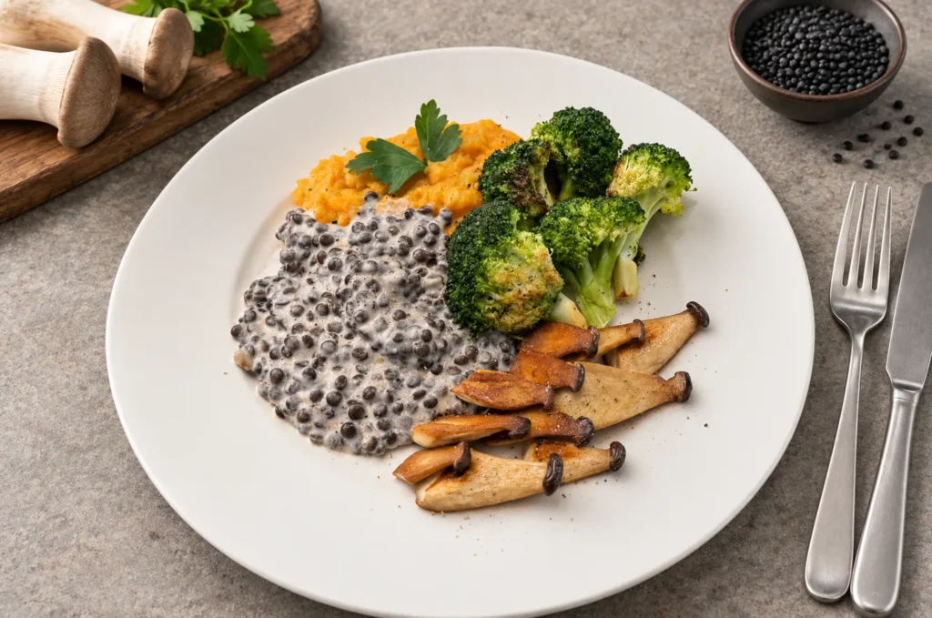 Süßkartoffelpüree mit Belugalinsen, Brokkoli und Kräuterseitlingen auf einem weißen Teller.