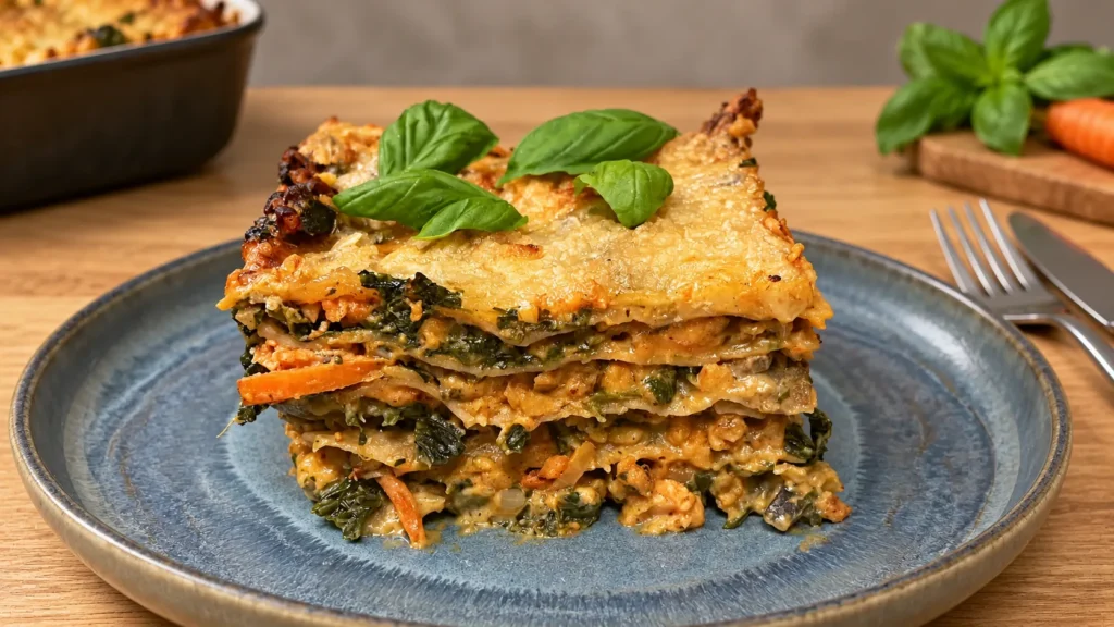 Ein Stück Gemüse-Hack-Lasagne mit Basilikum auf einem blauen Teller.