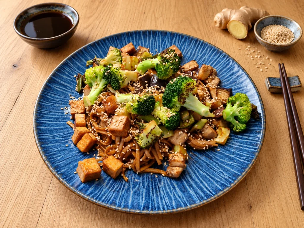 Teriyaki-Udon mit Gemüse und Tofu auf einem blauen Teller.
