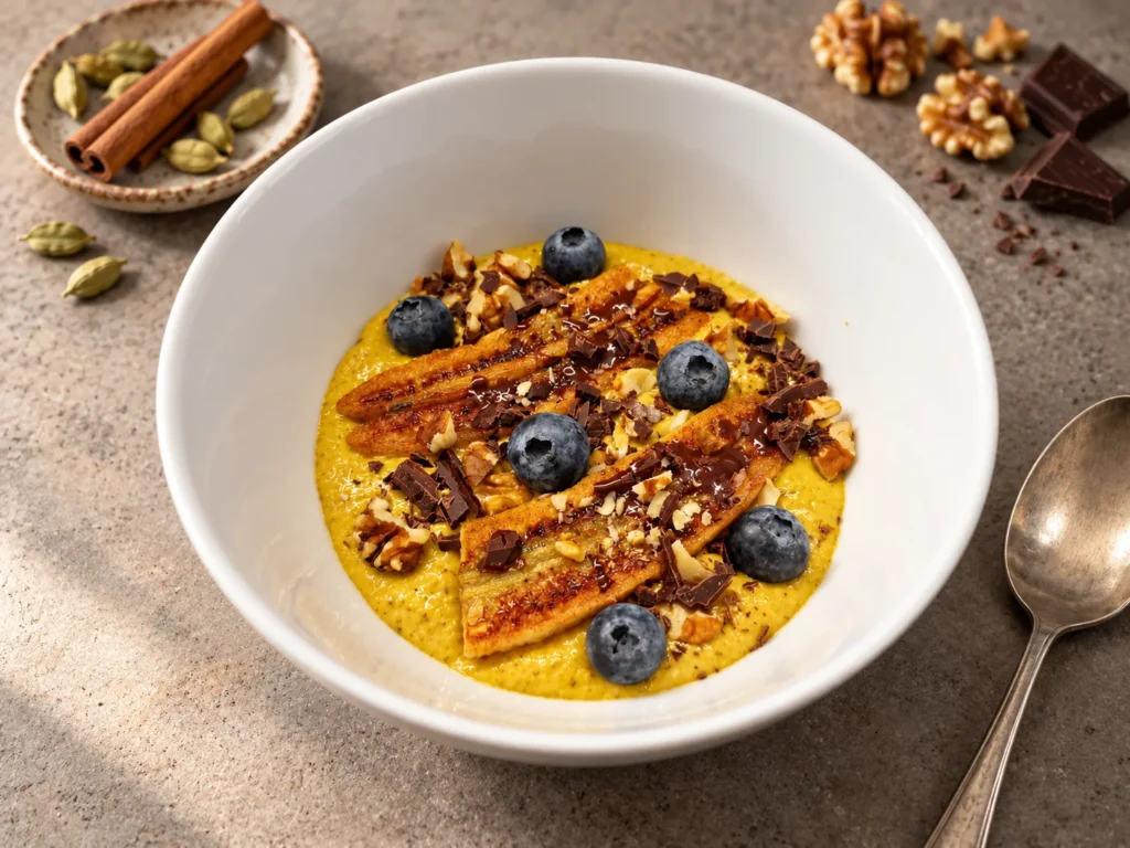 Goldene Overnight Oats mit Bananenscheiben und Beeren in einer weißen Schale.