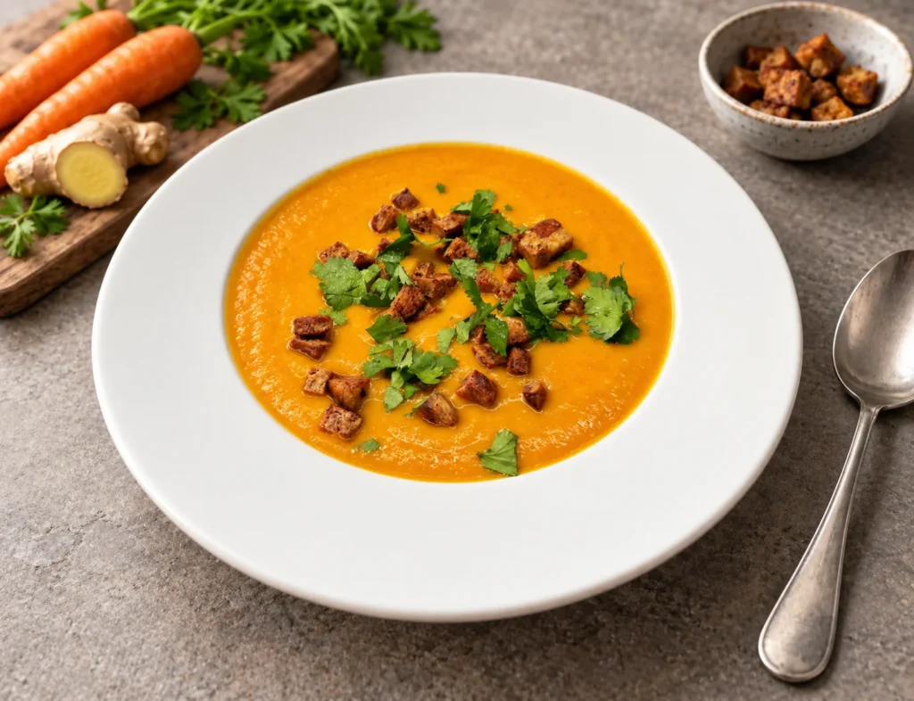 Karottensuppe mit Kräutern und Tofuwürfeln in einem weißen tiefen Teller.