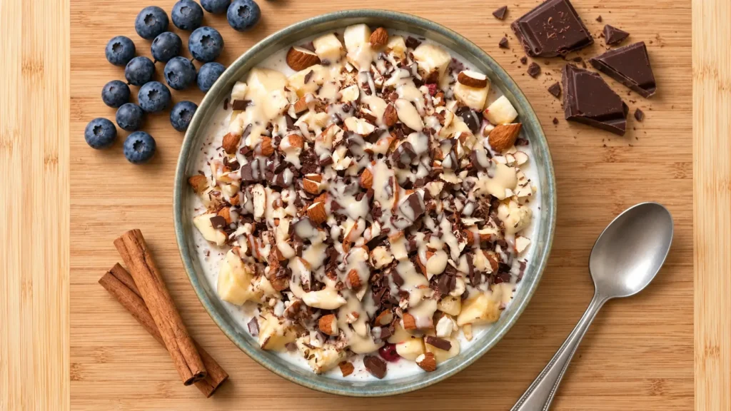 Overnight Oats mit Toppings und Schokolade in einer Schale auf einem Holzbrett.