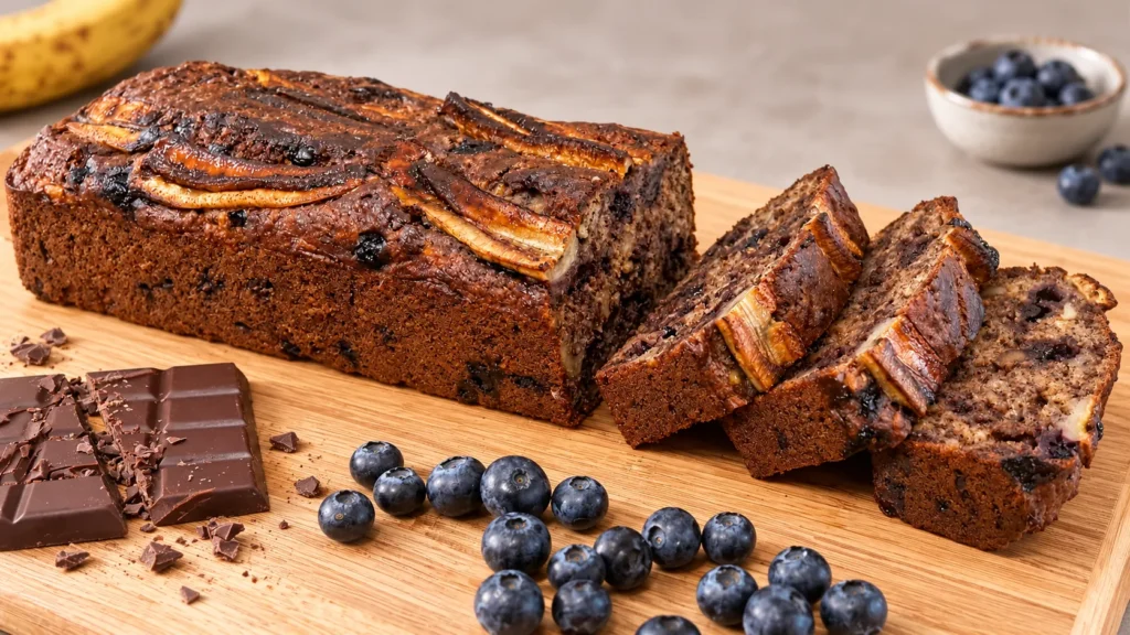Schoko-Blaubeer-Mohn-Bananenbrot mit aufgeschnittenen Scheiben auf einem Holzbrett.